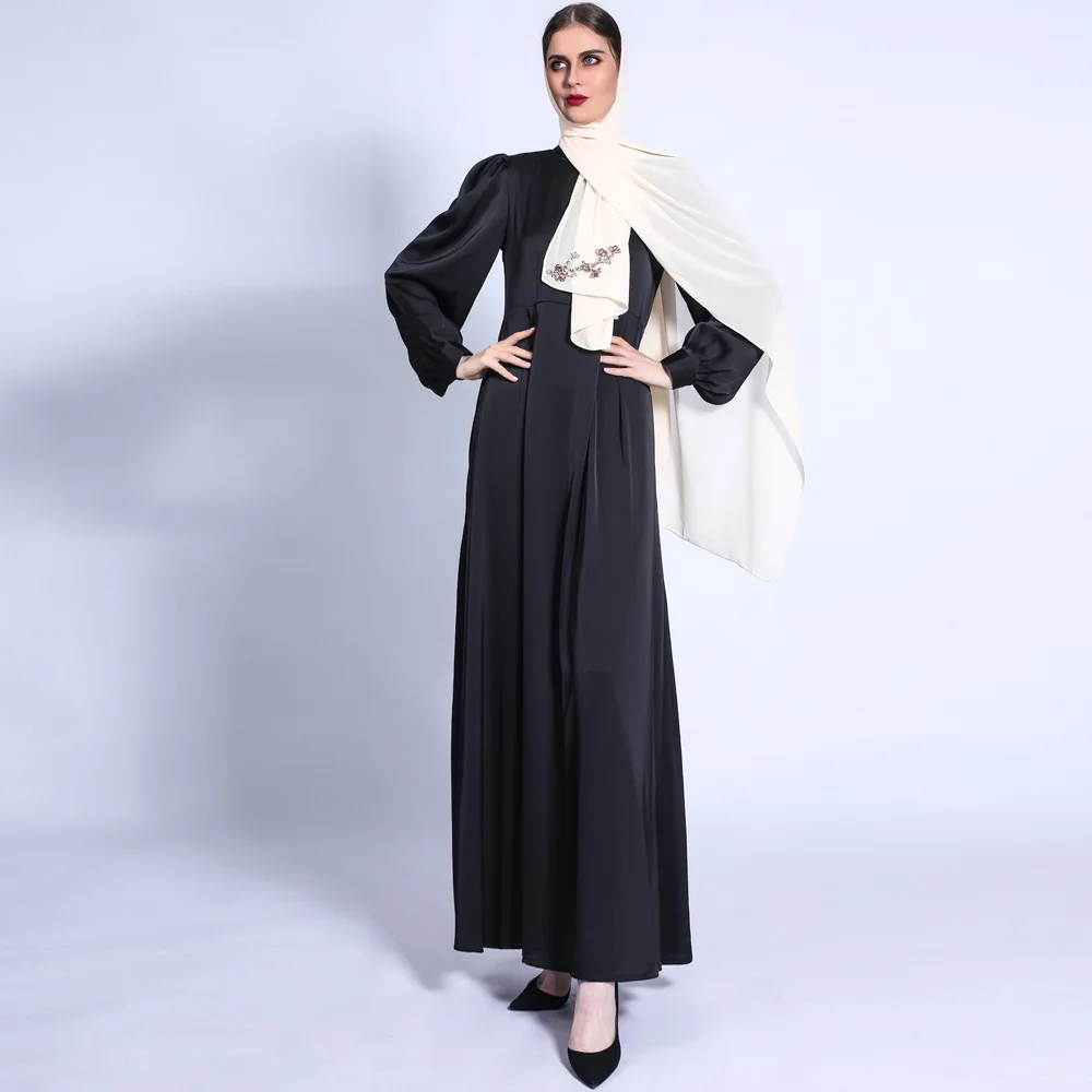 Imagem -04 - Vestido Longo em Linha a com Mangas Lanternas para Mulheres Muçulmanas Abaya Básica Fosco Primavera Outono