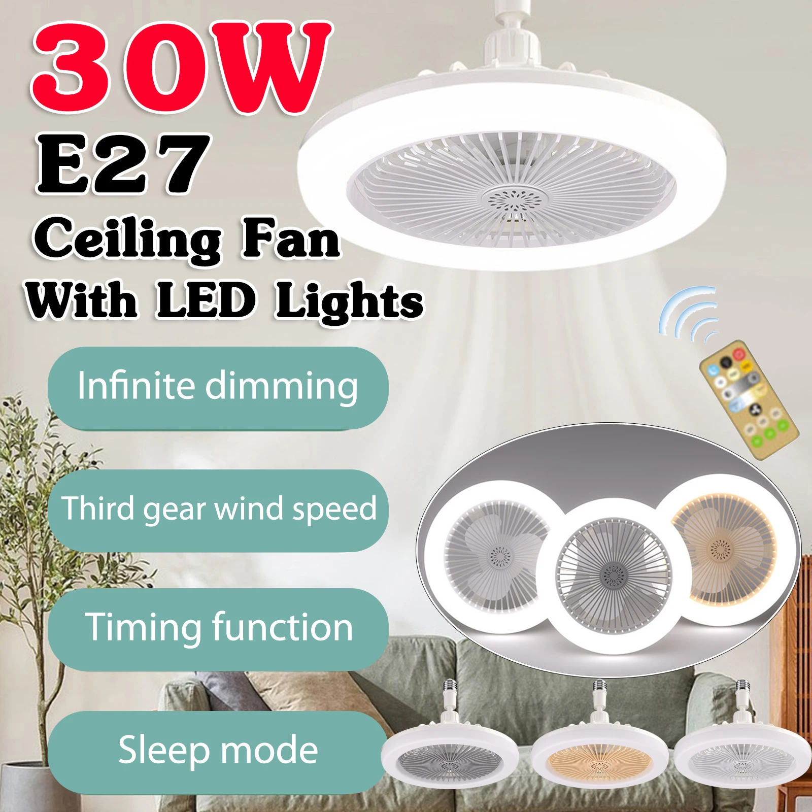 30W Ceiling Fan with Lamp E27 Converter Base Silent Cooling Fan Light Remote Control Home Chandeliers 3 Speed Fan for Bedroom