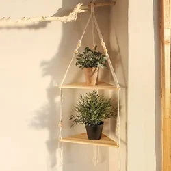 1 Set Wood Wall Shelf Macrame Swing Hanging Floating Display Shelves Hanging Wall Plant Corner Holder Stand For Simple Design