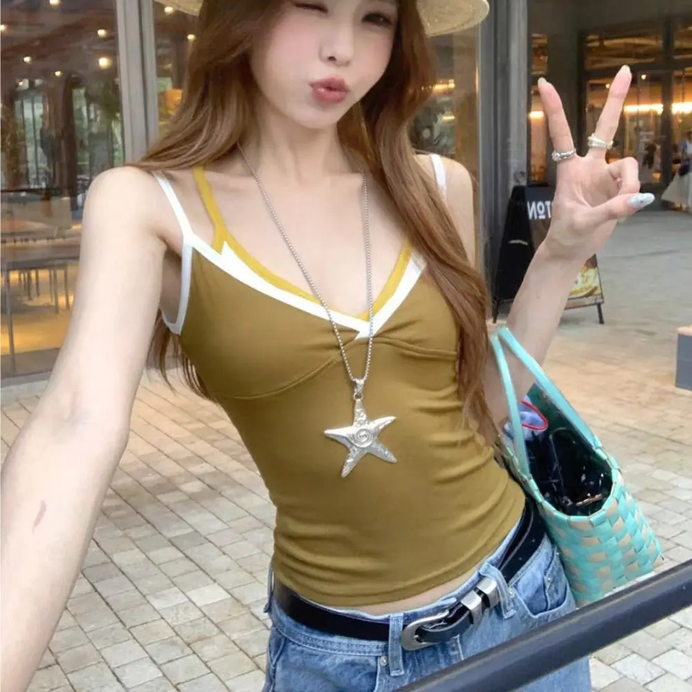 Fashion False Two-piece Camisole Vest Slim Fit Sexy Design Crop Top Strappy Summer Top Summer