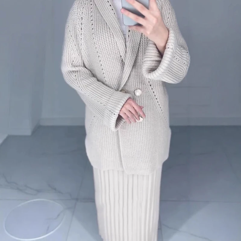 Spring Women Knit Two Piece Set Lapel Long Sleeve Button Sweater+Folded High Waist Knee Bust Skirt Autumn Female Knitted Outfit