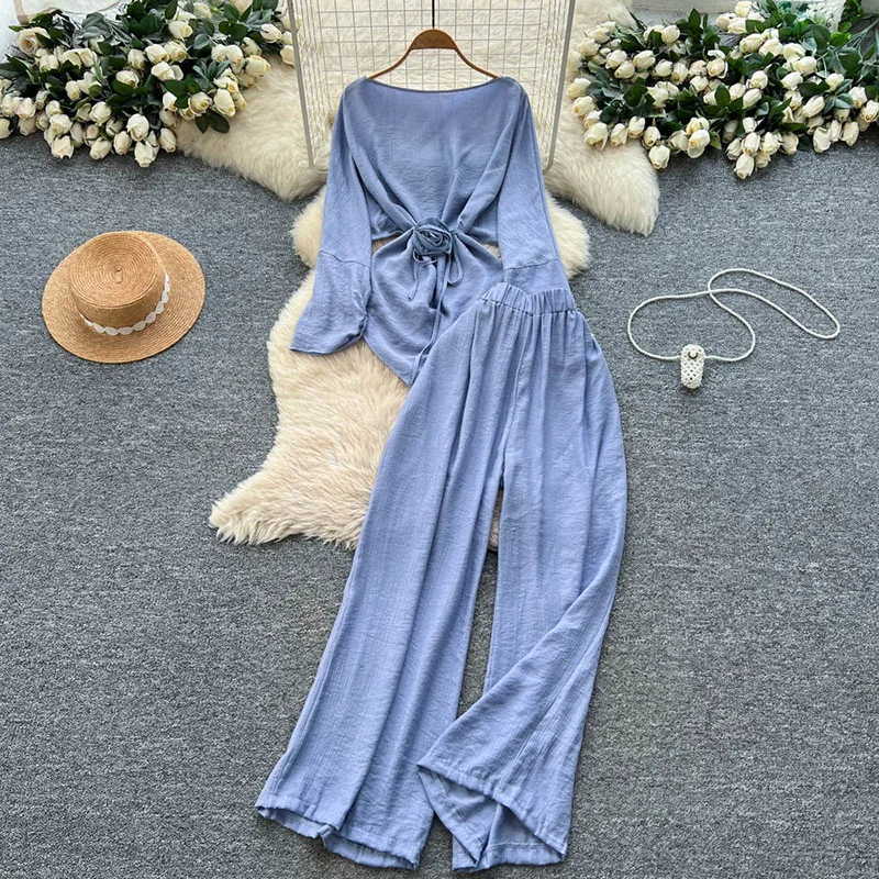 

Women's Two Piece Sets 2026 Summer Reduction Three-dimensional Flower Tie Waist Top High Waist Loose Wide Leg Pants Casual Suit