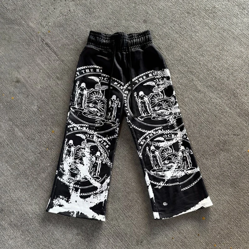 

American sweatshirt trousers with printed patterns, dark anime style, casual, ample, clasp cord, elastic waist, street clothing