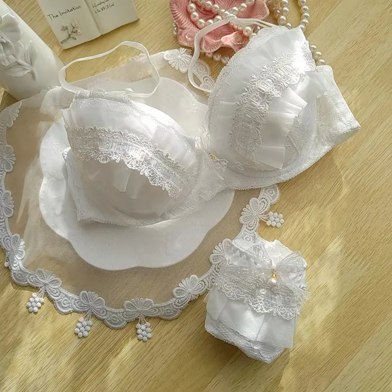 White court lace water soluble ribbon lace lingerie with underpants suit thin cotton cups gathering comfortable girls bra set