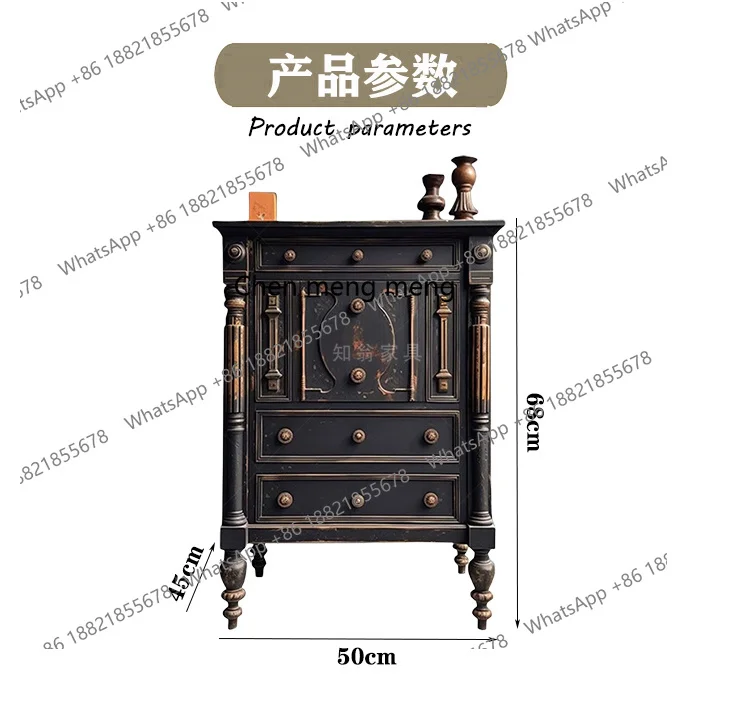 American retro carved solid wood bedside table master bedroom black bedside storage cabinet