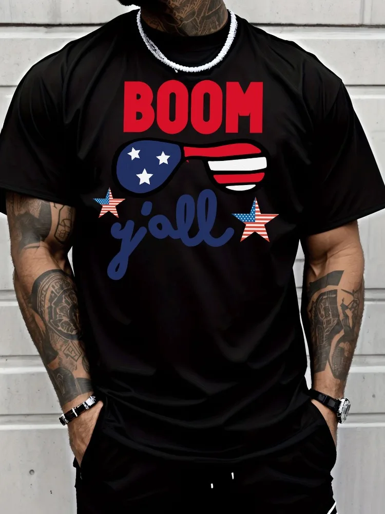 Men Summer Cotton Short Sleeve T Shirt Boom Yall American Flag Sunglasses Star Print Crew Neck Patriotic Casual Male Tee