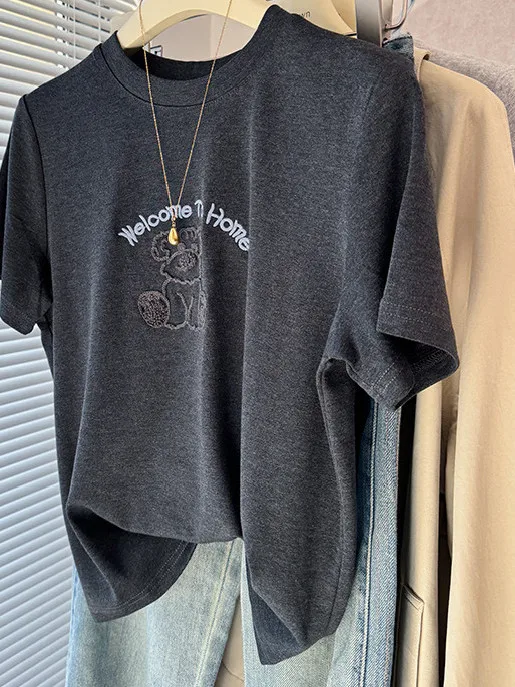 

plus Size Women's Short Sleeve T-Shirt Embroidered Bear Design Summer Casual Wear Breathable Cotton Inner Wear Top