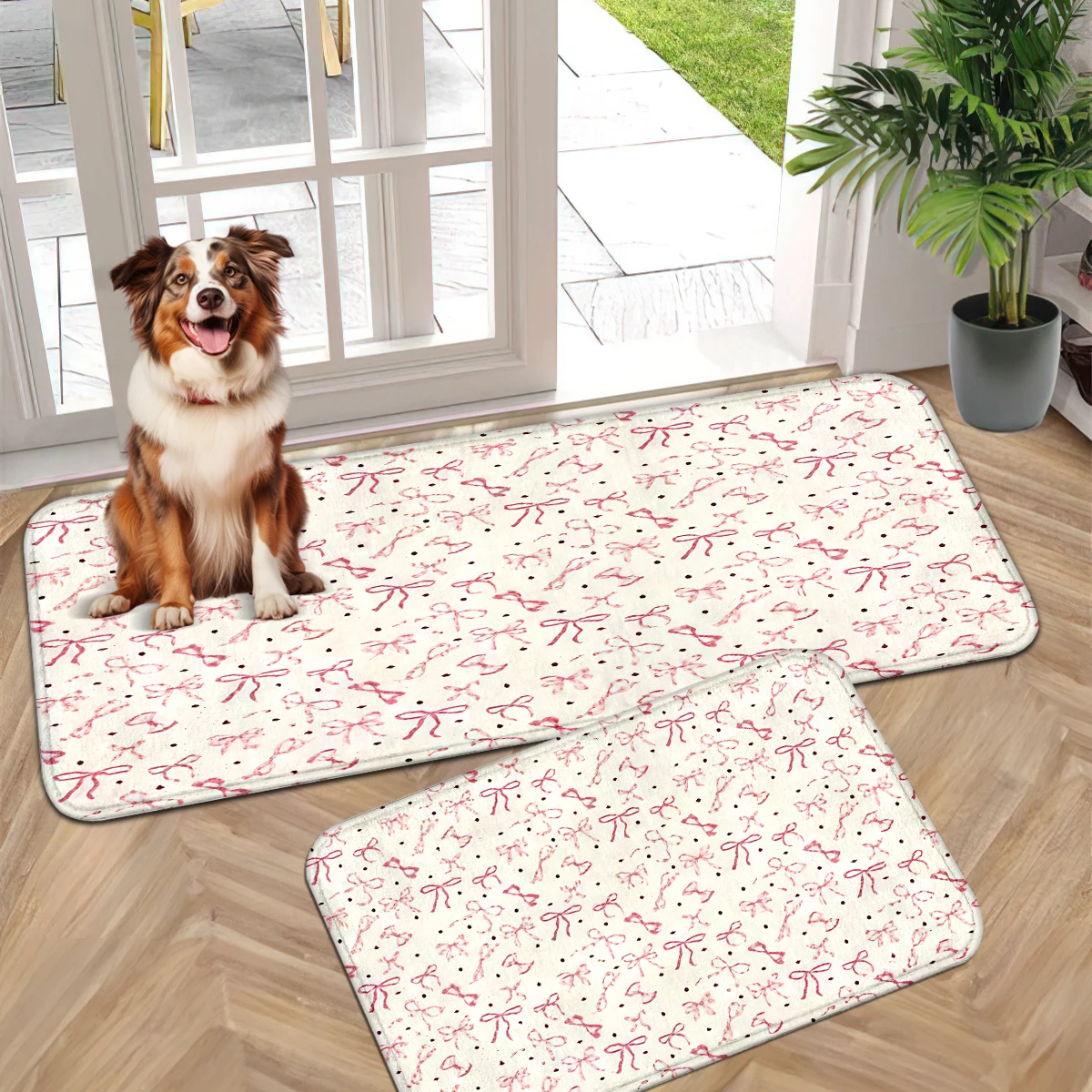 Pink White Polka Dot Mat, Blush Cat Door Mat, Colorful Dog Paw Slogan Runner, Green Frog Horse Cat Plant Mat Set.