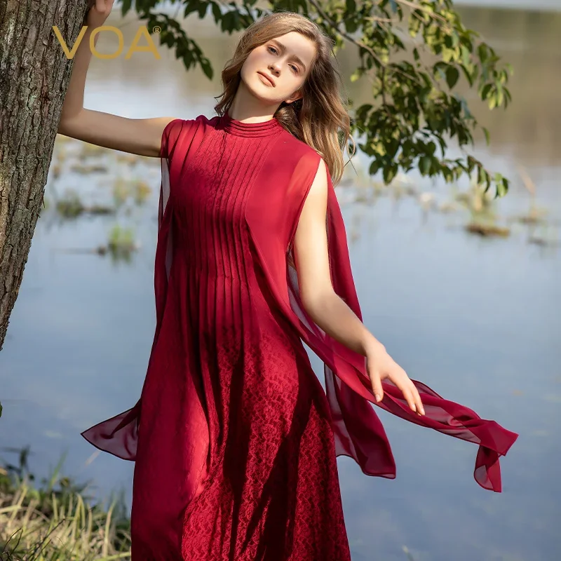 

VOA Silk Jacquard Rosa Red Stand-up Collar Short Sleeve Loose-leaf Design Elegant Print Embossed Dress Vestidos De Fiesta AE1262