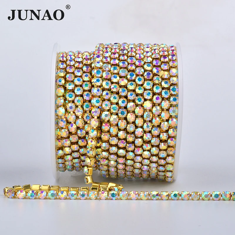 JUNAO ss6 ss10 ss12 ss16 ss18 Gold Dense Rhinestone Chain Trim Clear AB Glass Stones Crystal Appliques Strass Banding For Crafts