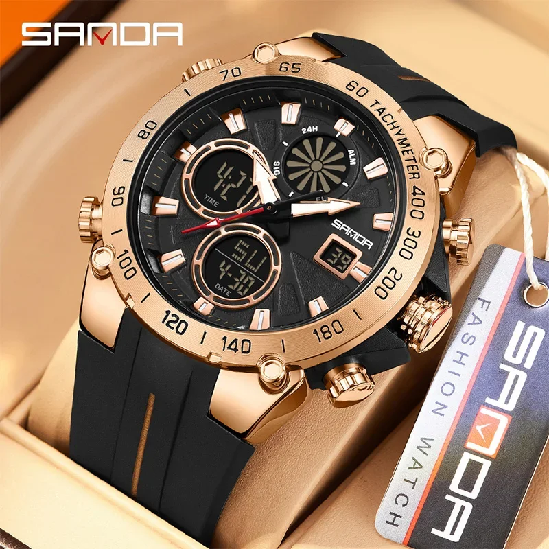 SANDA موضة جديدة للرجال ساعة رياضية عرض مزدوج التناظرية الرقمية مقاوم للماء ساعة LED الإلكترونية مضيئة الرجال كوارتز ساعة اليد
