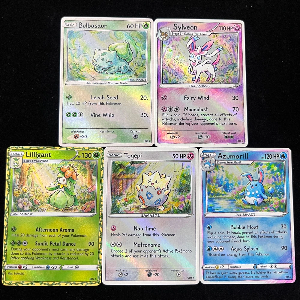 cartas-pokemon-ptcg-estilo-arte-com-lapis-colorido-bulbasaur-sylveon-lilligant-togepi-azumarill-cartas-de-colecao-carta-holo-presente-pokemon