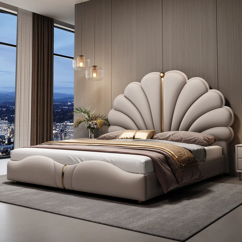 200x220cm Napa Leather Double Bed Frame Modern Princess Wood Bed Headboards Aesthetic Luxury Twin King Sizes Bedroom Furniture