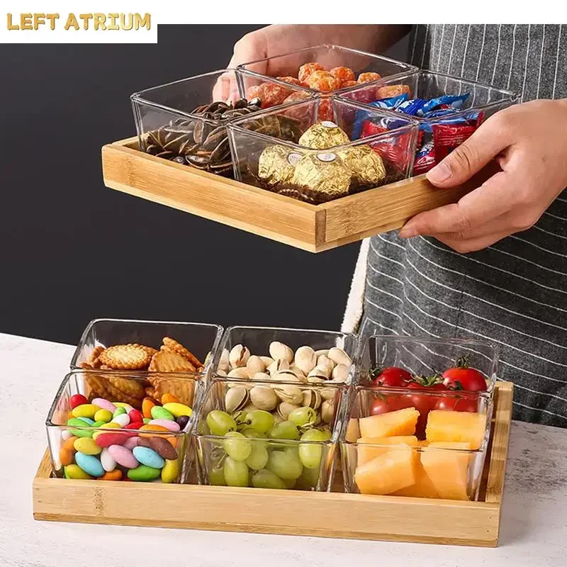Glass Fruit Plate Snack Candy Tray Wooden Lid 4/6 Grid Storage Boxes Household Platter Nuts Dried Containers