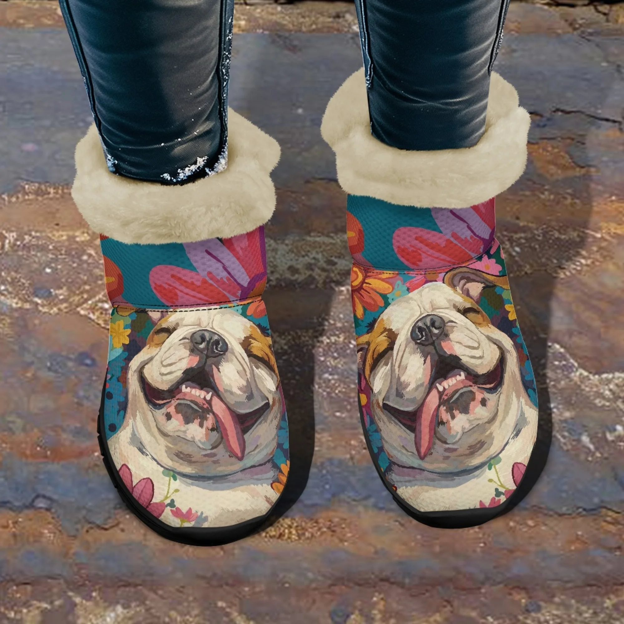 INSTANTARTS Colorful Women Snow Boots Cute Cartoon Bulldog Soft Ladies short Plush Comfortable Winter Warm Shoes frauen stiefel