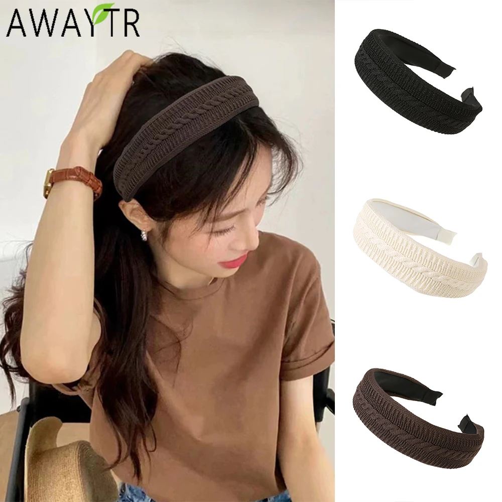 

AWAYTR Brown Knitted Yarn Headbands Fashion Fabric Wide Edge Headband Plastic Hair Accessories For Women Trends