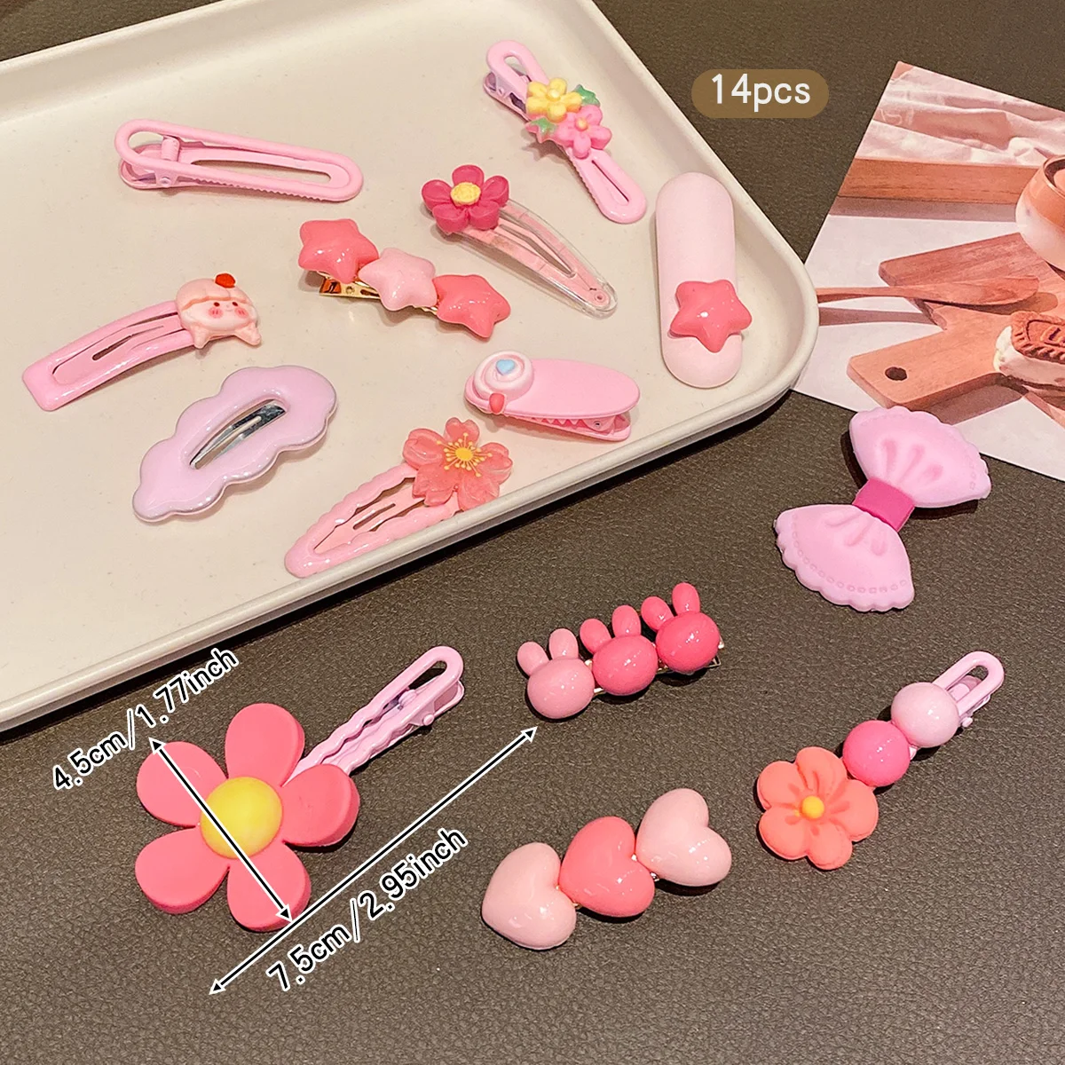 14 pink cartoon cute Korean style hair clips, sweet and fashionable hair accessories suitable for daily use