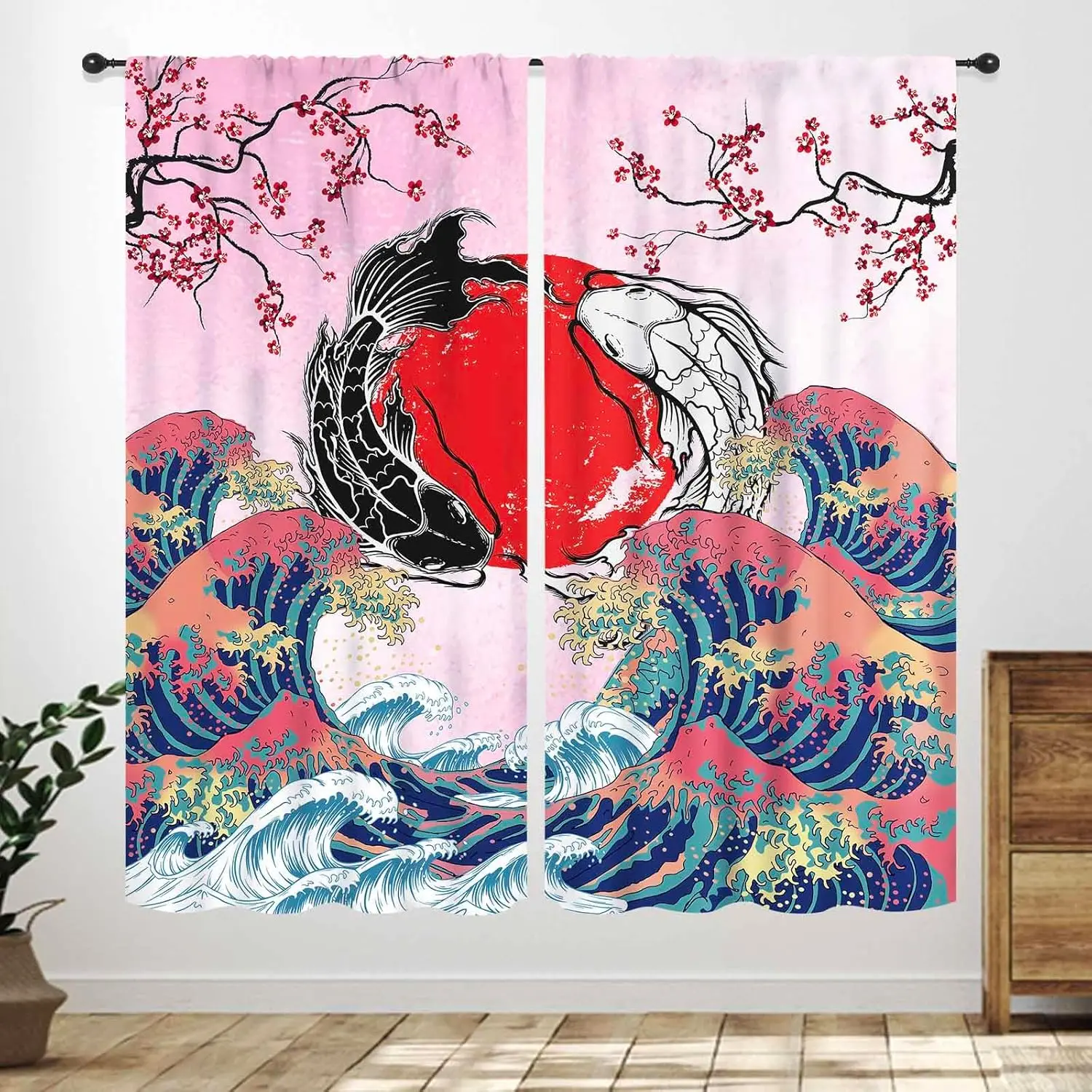 Japanese Koi Fish Curtains,Asian Style Pink Cherry Blossom Big Wave Yin Yang Black White Koi Retro Window Drapes Treatments for