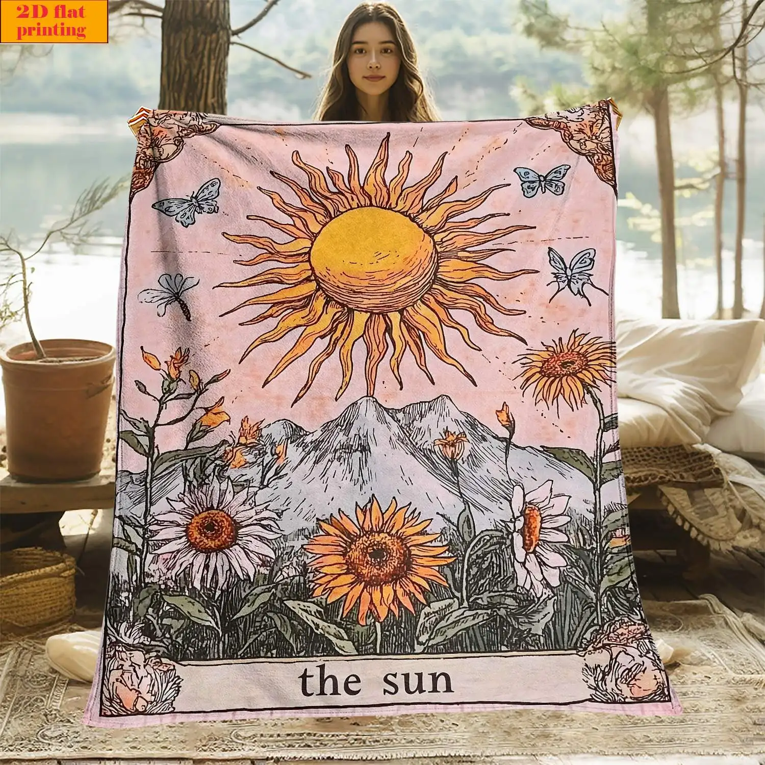 The Sun Tarot Sunflower Butterfly Mountain Pink Base Print Flannel Throw Blanket Soft Warm Cover Sofa Bedroom Boho Decor Gift
