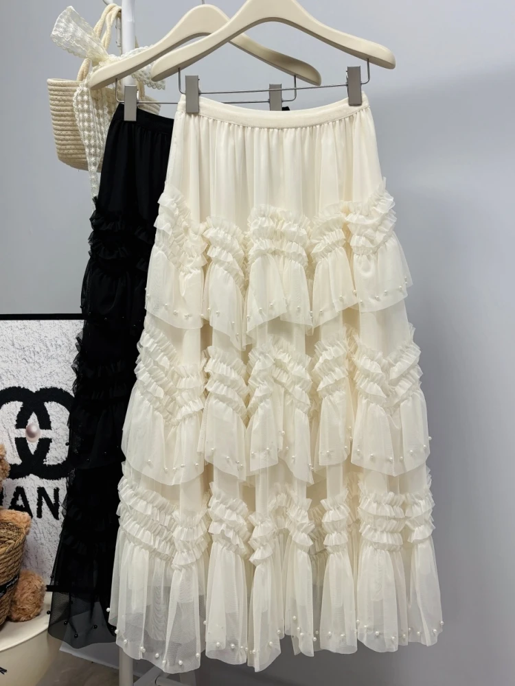 Midi Long Skirt Women Beading Lace Skirt 2025 Goth Lolita Spring Summer High Waisted High Low Ruched Ruffle Pleated Skirts rok