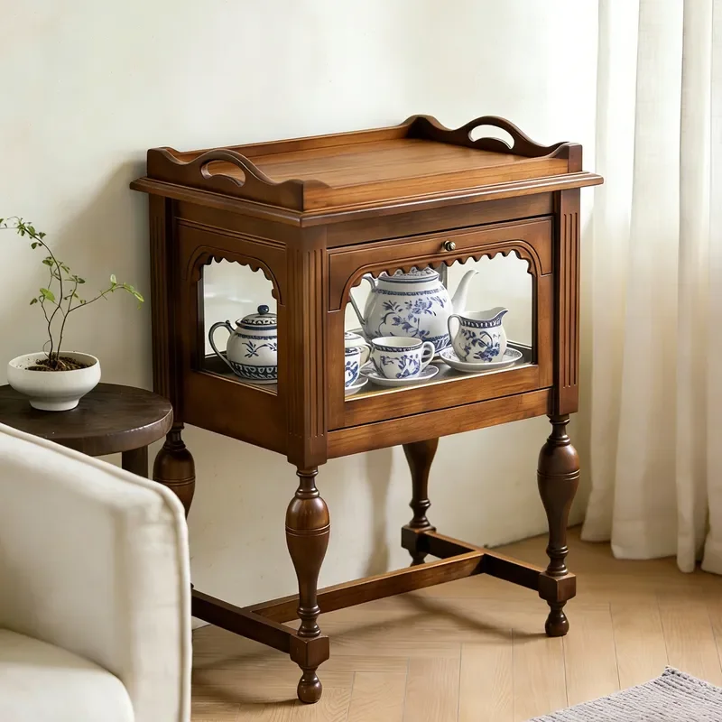Retro Fairy Tale Decorative Side Cabinet Solid Wood Wall Storage Unit for Living Room Porch Pastoral Light Luxury Home