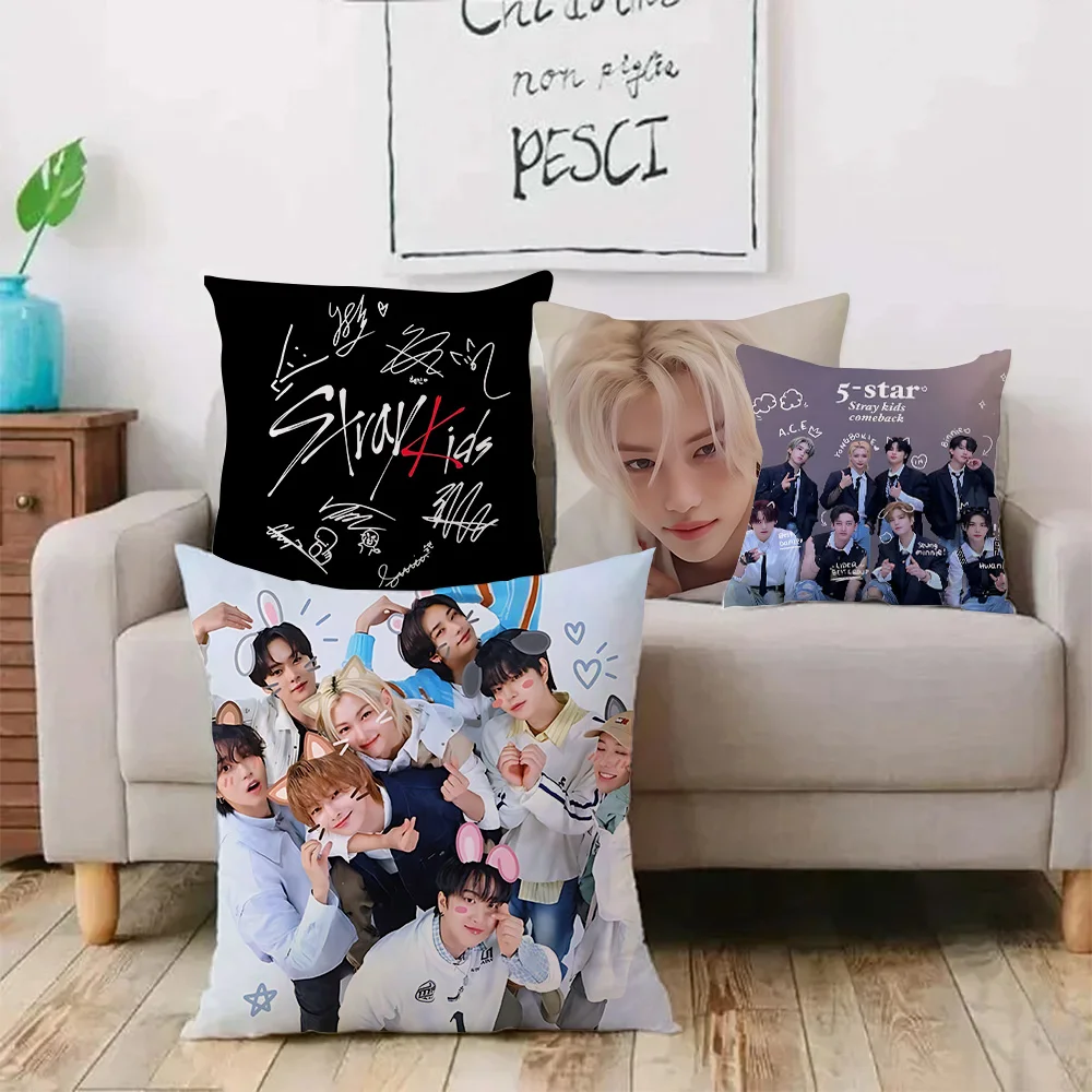 K-Kpop Pillow Covers Cartoon Sofa Decorative Home Double-sided Printing Short Plush Cute Cushion Cover S-Strays Cartoon-K-kids