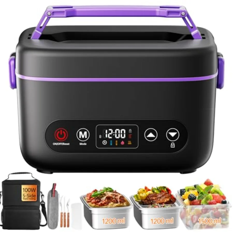 

Cordless electric lunch box for adults, food warmer with 5D surround heat tech, purple, upgraded 100W, 220F max, dual insulated