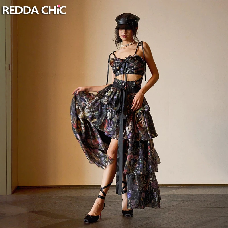 REDDACHiC Detachable Train Aesthetic Floral Dress Vacation Corset Hollow Dress Elastic Waist Maxi Wrap Skirt Retro Women Clothes