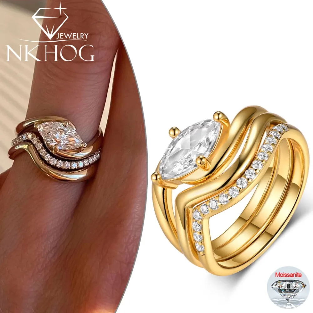 

NKHOG 1CT Marquise Moissanite Ring Sets For Women 925 Sterling Silver Diamond Wedding Band 18K Plated Fine Jewelry GRA Wholesale