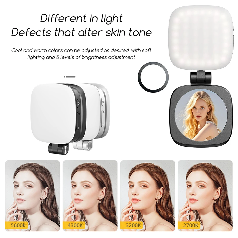 حامل لصور السيلفي مع سطوع المرآة، ضوء سيلفي مغناطيسي قابل للتعديل، مصباح صورة مغناطيسي قابل للدوران في الهواء الطلق