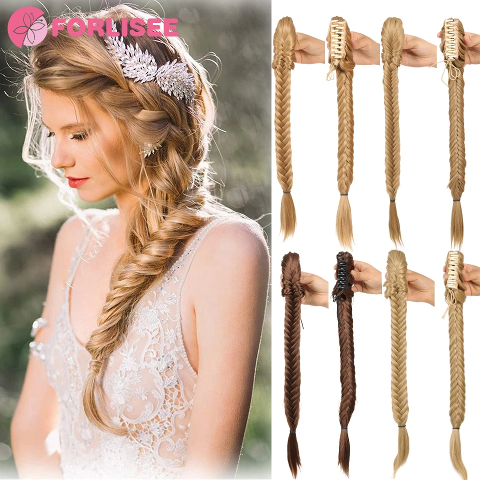 

FORLISEE Ponytail Fishtail Braid Hair Extensions Long Clip-in Bun with Claw Clip Synthetic Ponytail Hair Accessories