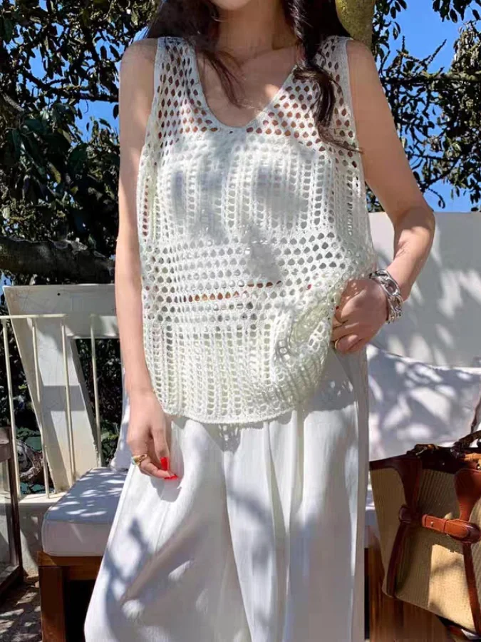 

Summer 2025 Women's Knitted Hollow out Svel Vest Loose V-Ne Top Faionable Design Breathable Lightweight Casual Wear