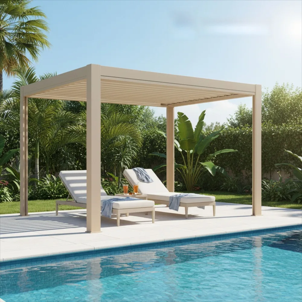 Aluminum Pergola Motorized Louvered Roof, Powder Coated Outdoor Gazebo Heavy Duty Waterproof Patio Garden Backyard Canopy