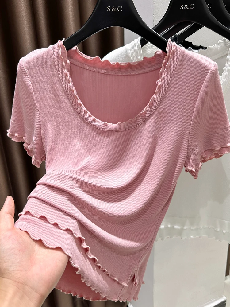 

Женская летняя футболка из модала Ice Silk с коротким рукавом, тонкая, облегающая, для ношения под одеждой, с гофрированной отделкой по низу