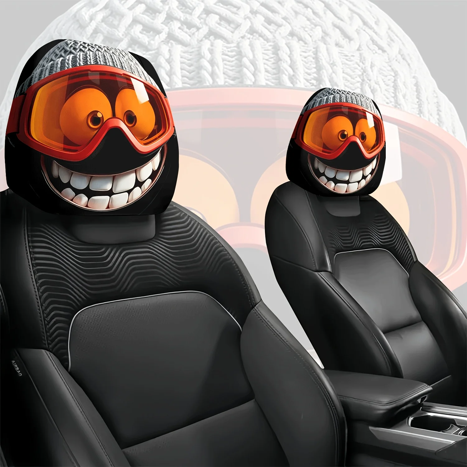 The Winter-Themed Printed Patterns of 2pcs Red-Orange Goggles And Knitted Hats for Car Seat Cushions, Headrests, And Neck Pill view 4