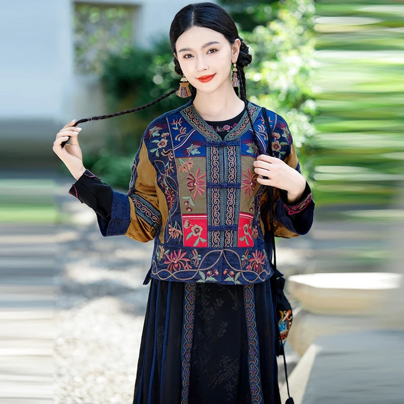 Autumn Short Stitched Jacket Ethnic Style V-Neck Splicing Button-Up Cardigan Loose Fit Linen Cotton Blend Commute Fashion