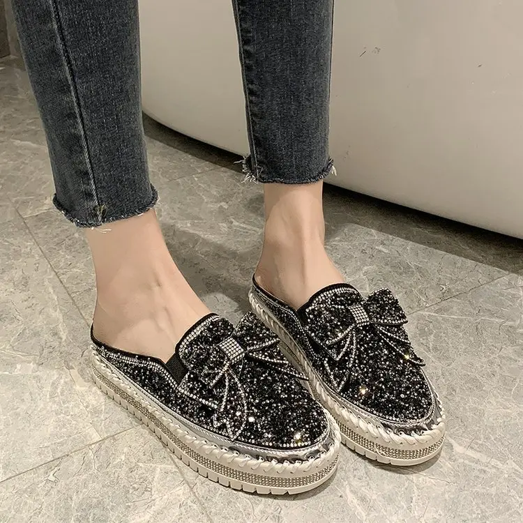 Low Female Shoes Ladies\' Slippers Glitter Slides Beige Heeled Sandals 2024 Jelly Summer Flat Black Rubber Crystal Fabric Solid R