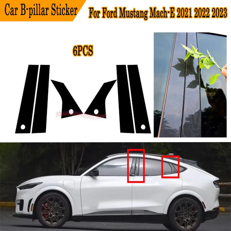 Complete 6pcs Silver Carbon & Gloss Black B & C Pillar Cover Set For Ford Mustang Mach-E 2021-2023 Full Protective Exterior