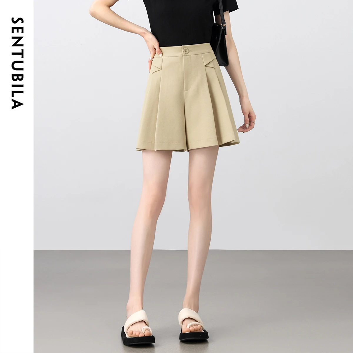 SENTUBILA Women's Khaki Mini Skirts Shorts 2025 Summer High Waist Commuting Comfortable Women's Casual A-Line Shorts 152K87919
