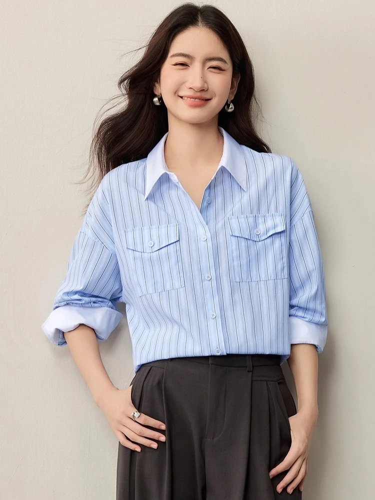 

SENTUBILA Women's Casual Shirts 2025 Autumn Long-sleeve Blue Striped Shirt Contrast Color Dual Pocket Design Tops 153CH2809