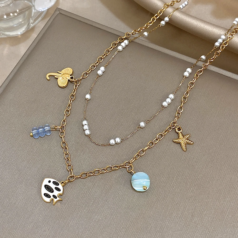 

Freetry New Fashion Double Layer Stainless Steel Choker Necklace for Women Bohemian Fish Starfish Pendant Necklace Neck Jewelry