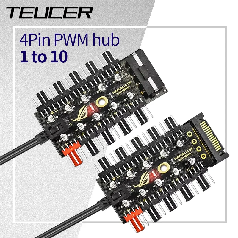 Teucer PC Cooler Fan HUB 1 to 10 12V 4 Pin PWM Splitter Extension SATA/Big 4Pin Interface Power Pupply Socket Concentrator