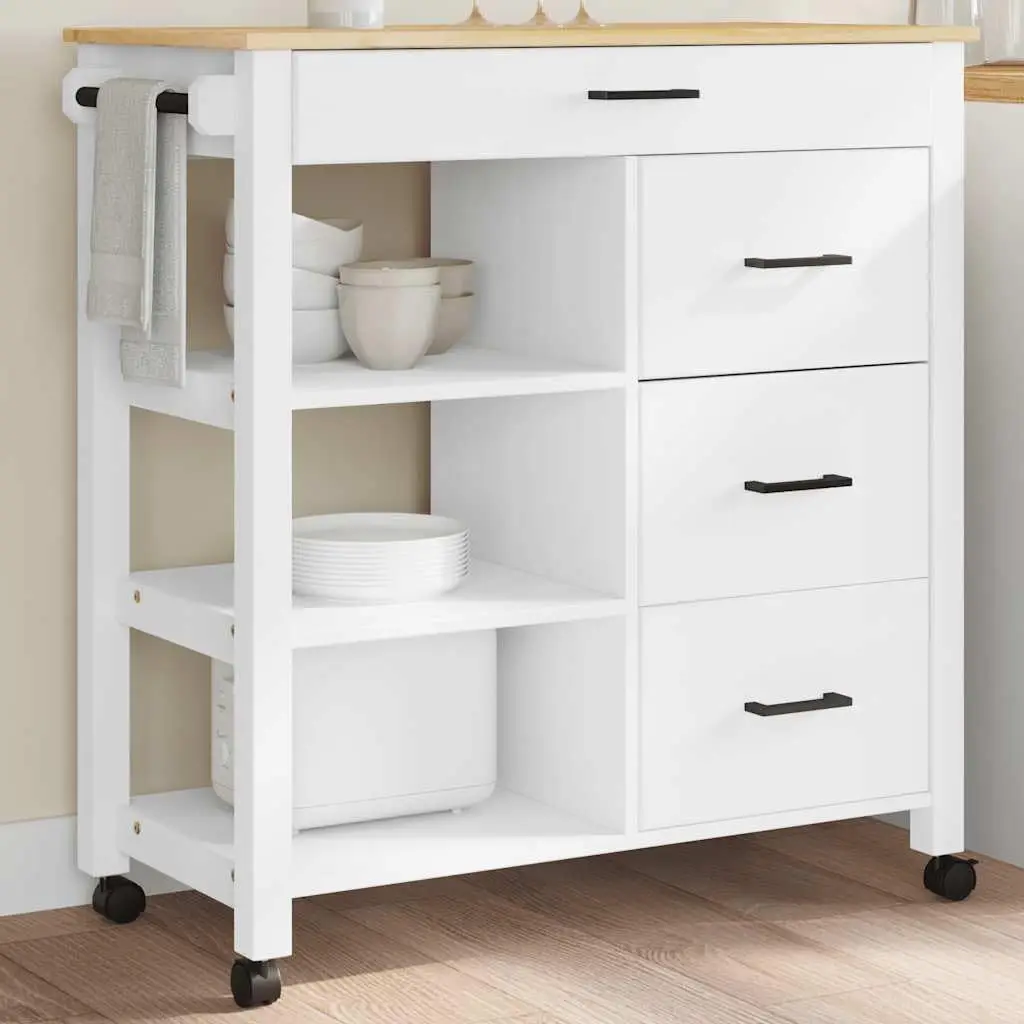 Solid Pine Wood Kitchen Trolley Monza, Rolling Kitchen Island Cart with 4 Drawers and 3 Open Shelves, 33.1