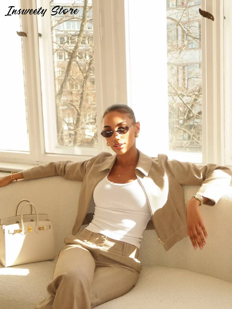 معاطف غير رسمية أطقم سراويل نسائية بياقة مقلوبة وأكمام طويلة وسحابات علوية عالية الخصر بنطلون 2025 خريف جديد بدلة أنيقة للسيدات