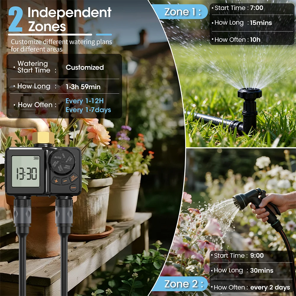  2 Outlets Automatic Water Timer Garden Timing Watering Valve Automatic Irrigation Controller Faucet Sprinkler for Garden Yard