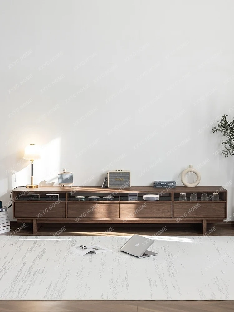 LSolid wood TV, black walnut retro living room,  Japanese-style living room, small apartment, audition cabinet, bone line