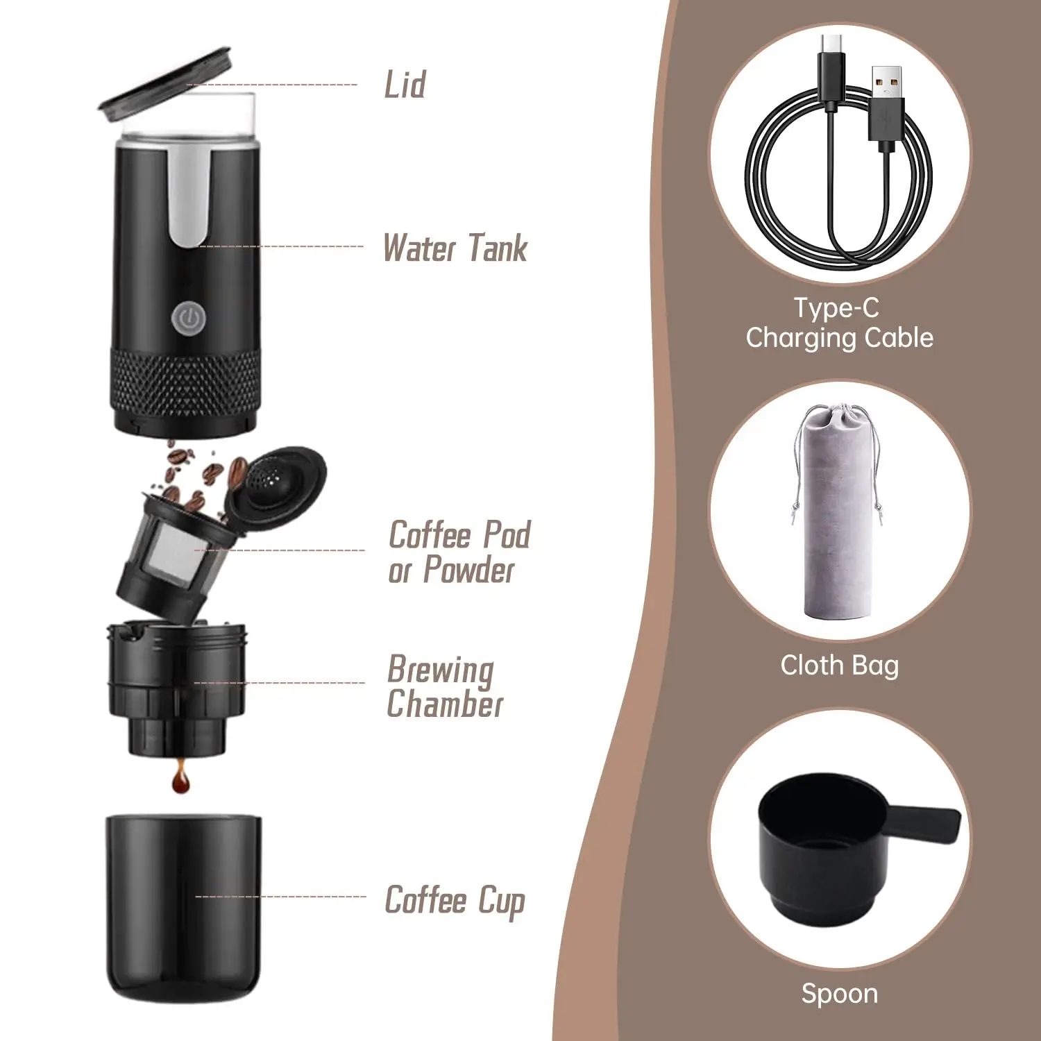 Mini Coffee Maker for K cup Capsule/Powder USB Rechargeable Portable Italian Coffee Machine with Filter Travel Camping,1200mAh