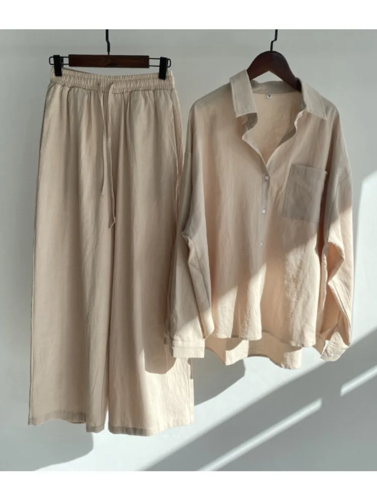 Spring Autumn Solid Color Pant Sets Women Long Sleeve Shirts Loose Wide Legs Trousers Two Piece Set Casual Lady Commuting Suits