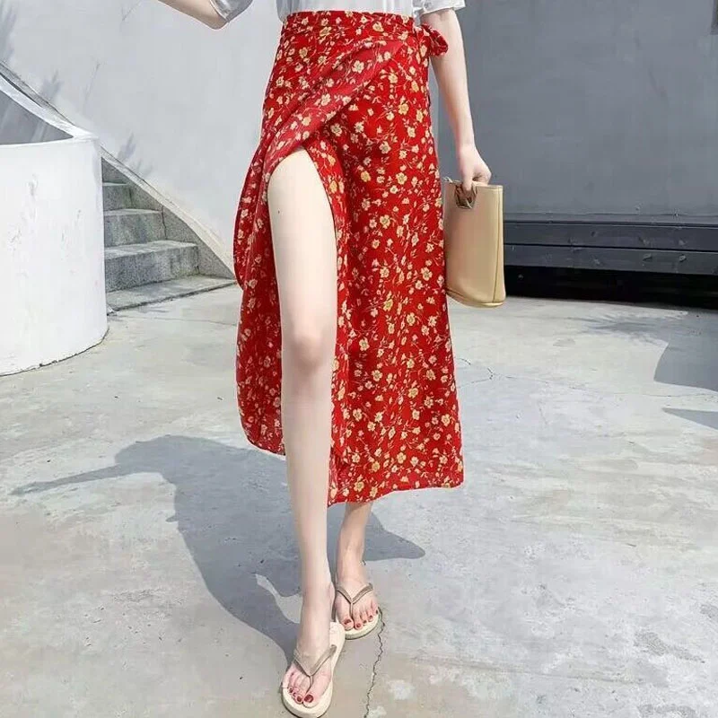 Zomer Dames Casual Bloemen Gedrukt Strandrok 2023 Mode Koreaanse Temperament Hoge Taille Splitrok Zomer Vrouwelijke Kleding