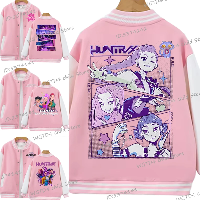 

2025 KPop Demon Hunters Baseball Jacket for Girls Fashion Coat Teen Kids Casual Sports Outerwear Movie Fans Gift Pink Jackets